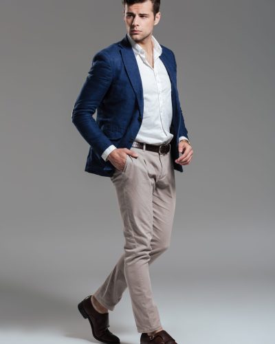 Full length portrait of a handsome serious man dressed in a jacket posing while standing and looking at camera isolated over gray background